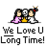 A 3x3 contact sheet of nine animated frames showing a cartoon couple with a skeleton, each frame paired with text reading "We Love U Long Time!" on a gray background.
