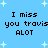 Blue background with light blue stars and repeated black text reading "I miss you travis ALOT" in pixelated font.