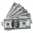 Stack of US dollar bills with visible green and gray tones, showing partial currency details and a folded edge.