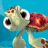 Pixelated cartoon character with large eyes and a red mushroom-like head, set against a blue background.