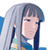 Pixelated anime-style character icon with long dark hair and light gray side-swept bangs, wearing a blue outfit with white collar and yellow accents.