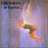 Animated fairy with translucent wings flies against a purple background, text reads "I do believe in fairies..." and "I do."