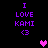 Purple text "I LOVE KAMI <3" on black background with two pixelated hearts in different positions across frames.