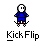 A contact sheet of 10 animated frames showing a pixelated character performing various actions on skis, with text "Kick Flip" beneath each frame.
