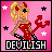Pixel art of a blonde woman in red devil costume holding pitchfork, pink background with white and black stars, text 'DEVILISH' below.