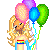 Pixelated image of a blonde character holding colorful balloons with 'Happy Birthday To Me!' text in multiple colors.