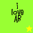 A four-quadrant displays pixelated text 'i love AB' with a star symbol in the bottom-right quadrant, alternating between green and yellow backgrounds
