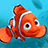 Pixelated orange clownfish with white stripes swims against blue background, accompanied by green pixel text on solid blue field.