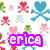 Pixelated buddy icon featuring multiple heart and skull designs with 'erica' text in various colors, including purple, black, cyan, and pink.