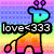 Pixelated character with blue-green head, purple antennae, and orange-pink body holding a black sign reading 'love<333' against gradient background.