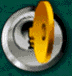 Animated sequence of a golden coin on a metallic circular base against dark green background, showing sequential sparkles.