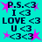 Cyan background with dark blue text and pink starbursts; repeated phrases include 'P.S.<3', 'I<3', 'LOVE <3', 'U<3', '<3<3' in a