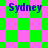 Green and pink checkered background with four instances of the word "Sydney" in blue text, arranged in two
