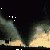 Animated sequence showing a tornado forming over land with dark clouds, transitioning to an aircraft flying above terrain, then shifting to a figure in red and blue holding a red object against a light background.