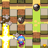 Pixel art scene showing a blue-hatted character near brick walls and explosions with two bombs on green pathways.