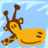 Pixelated cartoon giraffe with brown spots and horns against a light blue sky background, smiling with closed eyes.