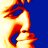 Pixelated static icon showing a stylized figure with flowing red-orange hair against a blue background, rendered in high-contrast warm colors with visible dithering and pixelation.