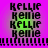 Pixelated text 'Kellie' and 'Kellie' repeated in four on a purple background with green glow, separated by black horizontal bars