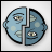 Pixelated circular icon split into two halves, each showing a stylized face with large eyes and light blue skin against white background.