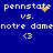 Blue background displays two identical text-based animations with 'pennstate' text, 'vs.', 'notre damenotre dame', and '<3' symbols, showing yellow pixel changes in 'pennstate' and '<3' positions.