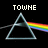 Pixelated image with white text 'TOWNE' above a light blue triangular prism emitting a rainbow spectrum on a black background.