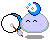 Pixelated character with light purple body, closed eyes, pink cheek marks, and blue crescent moon on head, holding white fan with brown handle.