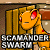 Animated contact sheet of a yellow cartoon creature with red eyes in various poses behind wooden bars, each frame labeled "SCAMANDER SWARM" at the bottom.