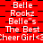 Red background with black checkered pattern and repeated white text reading "Belle Rockz Belle's The Best Cheer Girl" in a