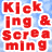A contact sheet of six animated frames showing repeated red text "Kicking & Screaming" on a blue gradient background with white outlines.