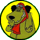 Animated cartoon dog with greenish-brown fur, red bandana, silver goggles on head, black ears, and yellow circular background.