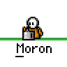 Animated contact sheet showing 12 frames of a pixel art buddy icon with a character holding a box and blue energy effects, labeled "Moron" below each frame.