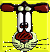 Pixelated cartoon character with red arms, white eyes, and a red nose on yellow background; left image shows open mouth, right image shows closed mouth.