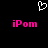 Pixelated white heart symbol above two identical pink 'iPom' text blocks on black background.