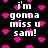 Black background with white pixelated text reading "i'm gonna miss u sam!" surrounded by pink heart shapes.