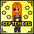 Pixel art contact sheet showing three frames of an animated AIM buddy icon with a character and "SEPTEMBER" text on yellow background.