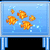 Pixelated orange fish swim in a light blue water tank with white bubbles, framed by silver borders.