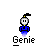Pixelated character with white face, black hair tuft, blue outfit, and purple gradient base under text "Genie" on gray background.