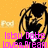 Pixelated image of a person with long dark hair against an orange background, featuring pink text and a small white shape.