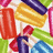 Pixelated cartoon character with red hair and blue outfit holding two popsicles against a striped background.
