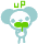 Pixelated cartoon character with light blue body and white head holding green object, two frames showing slight vertical movement against gray background.