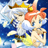 Two anime-style characters with closed eyes float against a blue and white cloud background, one with white hair and a yellow crown, the other with orange hair and a white headband.