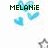 Pixelated image with dark green text 'MELANIE' above two blue hearts and scattered pink dots on white background.