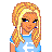 Pixelated character with blonde hair wearing blue shirt and white pants, standing against white background with text below.