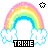 Pixelated rainbow arch over clouds with 'TRIXIE' text and star symbols above, one star is a flower shape.