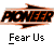 Two identical static frames of a buddy icon featuring the word "PIONEER" in stylized text with an arrow, below which is the phrase "Fear Us", and to the right are promotional texts for "badassbuddy.com" on a gray background.