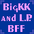 Blue background with pink pixelated text reading "BigKK and L.P. BFF" surrounded by four corner dot patterns.
