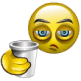 Yellow emoji face with blue eyes and furrowed brows holding a silver cup, pouring brown liquid into its mouth