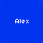 Blue background with white pixelated text 'Alex' repeated in a pattern, small light blue dots scattered across the field