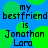 Blue background with green circular shapes and repeated black text reading "my bestfriend is Jonathan Lara" in pixelated font.