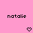 Pixelated text 'natalie' appears twice on a pink background with two heart symbols below.